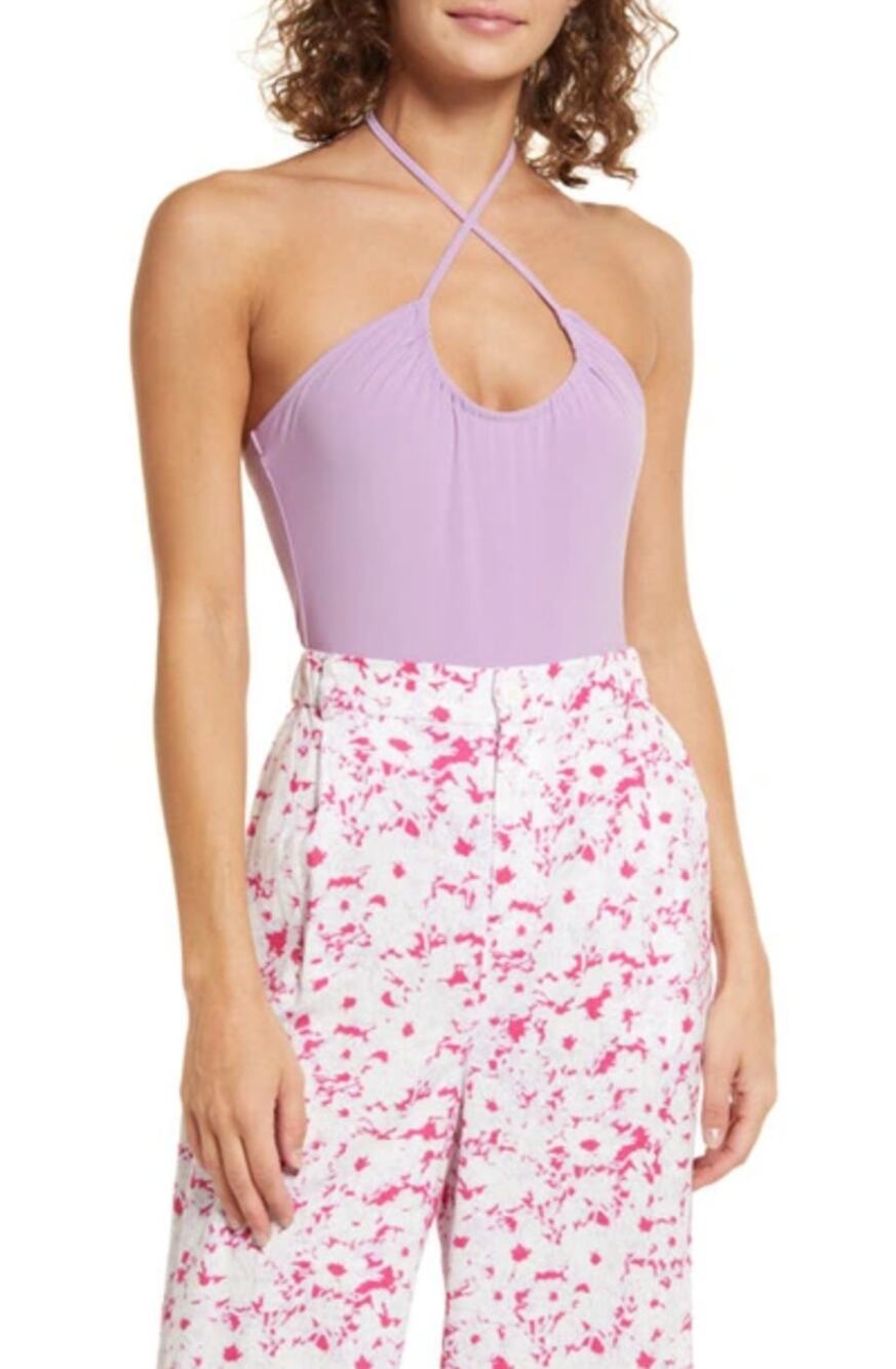 Open Edit Womens Strap Detail Bodysuit Small Purple Spectre NWOT